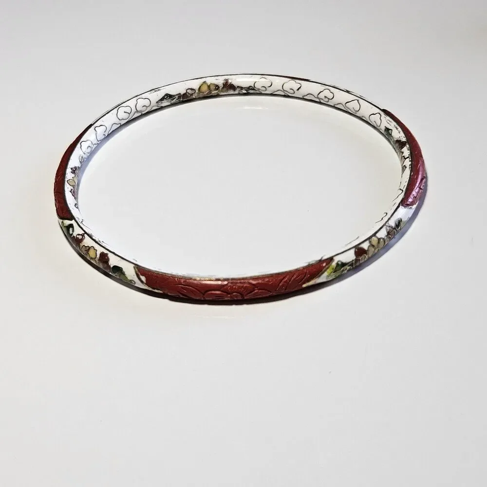 Gold Tone Vntg Carved Red Cinnabar White Cloisonne Bracelet 7.75